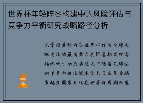 世界杯年轻阵容构建中的风险评估与竞争力平衡研究战略路径分析